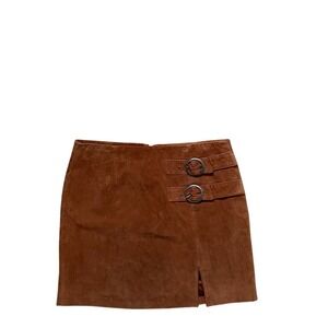 Genuine Suede Buckle Mini Skirt Cognac Brown 29 Blanknyc